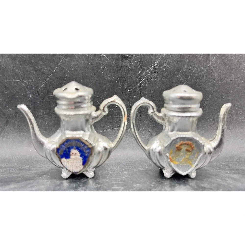Vtg‎ Metal Silver Teapot Salt & Pepper Shakers 2